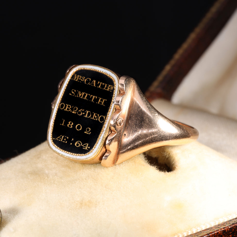 The Antique Georgian 1802 Swivel Hairwork Enamel Mourning Ring
