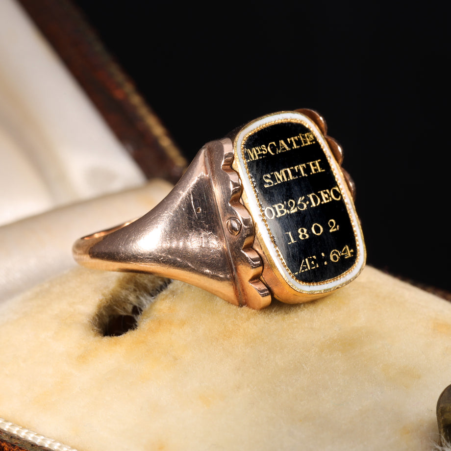 The Antique Georgian 1802 Swivel Hairwork Enamel Mourning Ring