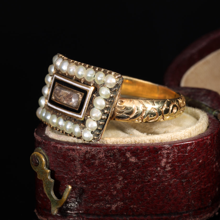 The Antique Georgian 1810 Hairwork, Enamel and Pearl Mourning Ring