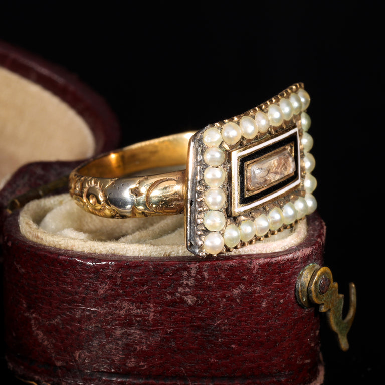 The Antique Georgian 1810 Hairwork, Enamel and Pearl Mourning Ring