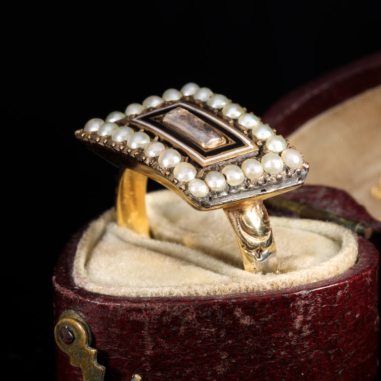 The Antique Georgian 1810 Hairwork, Enamel and Pearl Mourning Ring