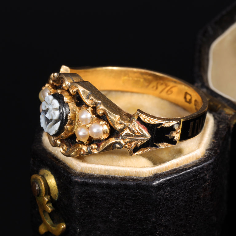 The Antique Victorian 1876 Pearl Cameo Flower Mourning Ring