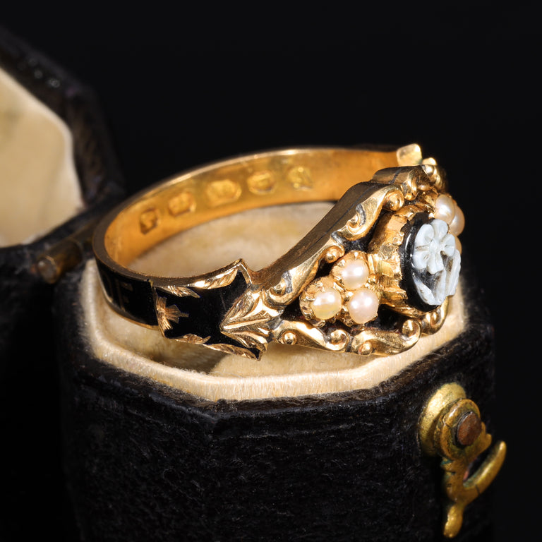 The Antique Victorian 1876 Pearl Cameo Flower Mourning Ring