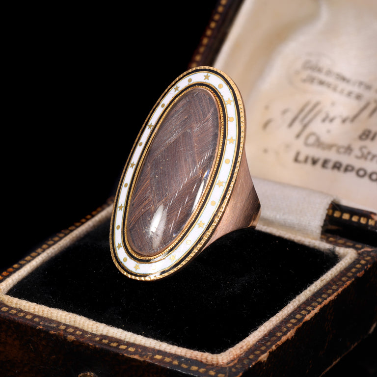 The Antique Georgian 1792 White Enamel Stars and Hairwork Mourning Ring