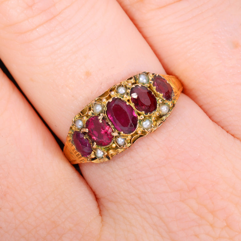 The Antique Victorian 1876 Ruby and Pearl Baroque Ring