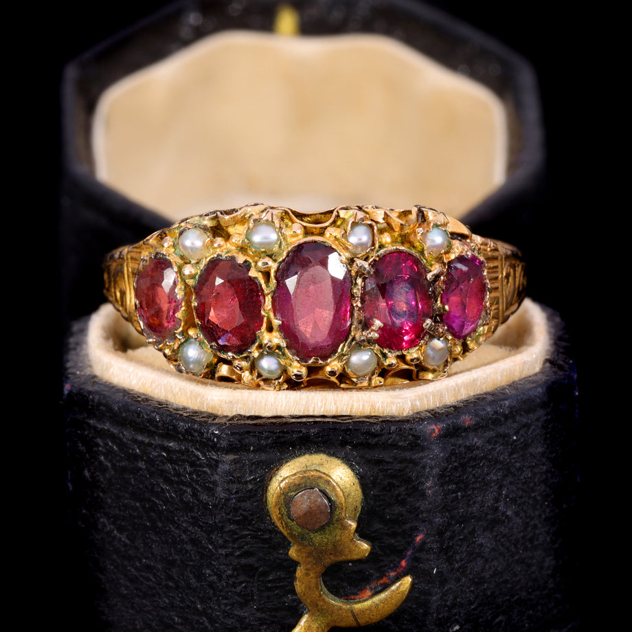 The Antique Victorian 1876 Ruby and Pearl Baroque Ring