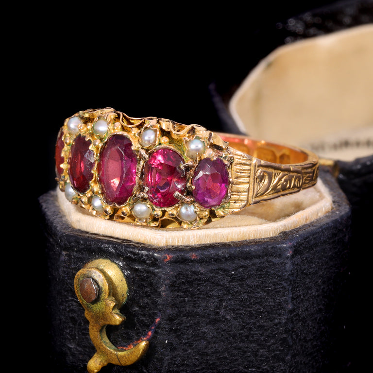 The Antique Victorian 1876 Ruby and Pearl Baroque Ring