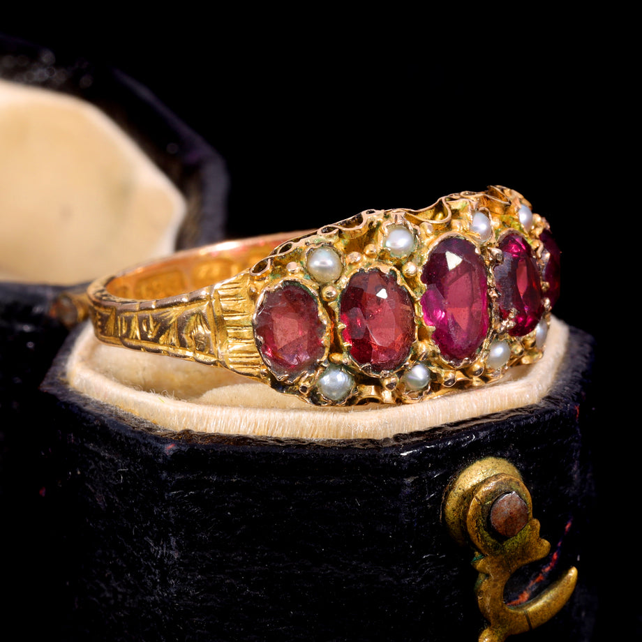 The Antique Victorian 1876 Ruby and Pearl Baroque Ring