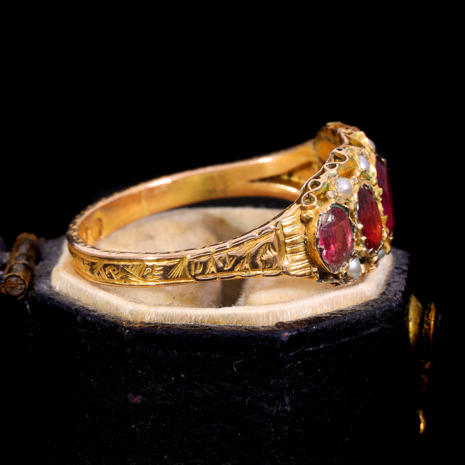 The Antique Victorian 1876 Ruby and Pearl Baroque Ring