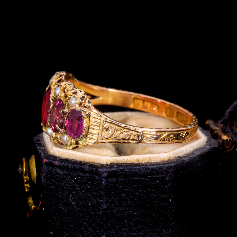 The Antique Victorian 1876 Ruby and Pearl Baroque Ring