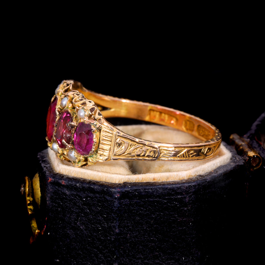 The Antique Victorian 1876 Ruby and Pearl Baroque Ring