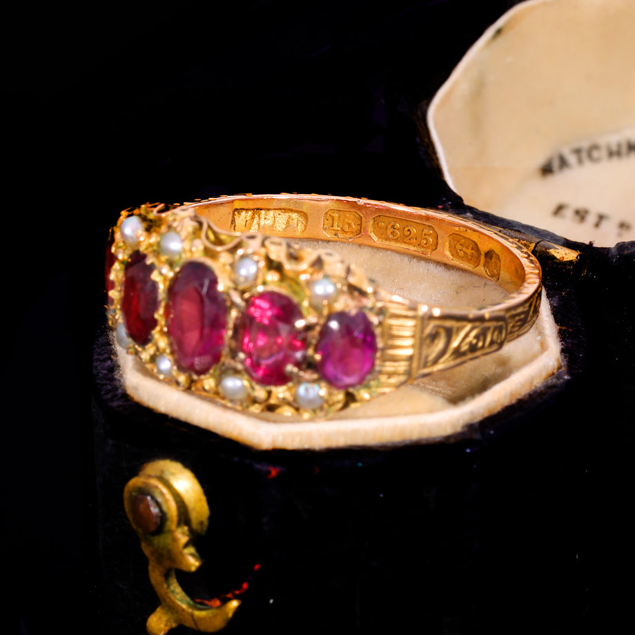 The Antique Victorian 1876 Ruby and Pearl Baroque Ring