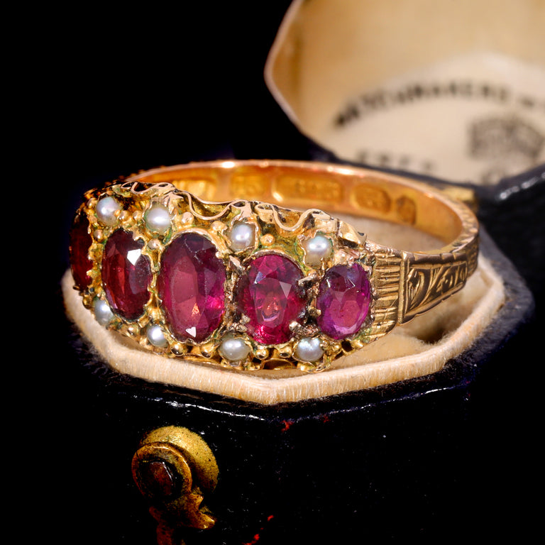 The Antique Victorian 1876 Ruby and Pearl Baroque Ring