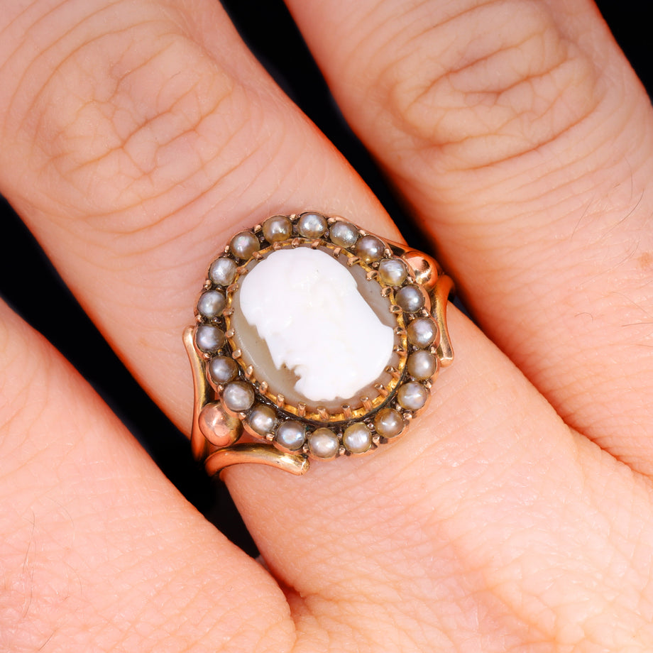 The Antique Victorian Pearl and Shell Cameo Ring