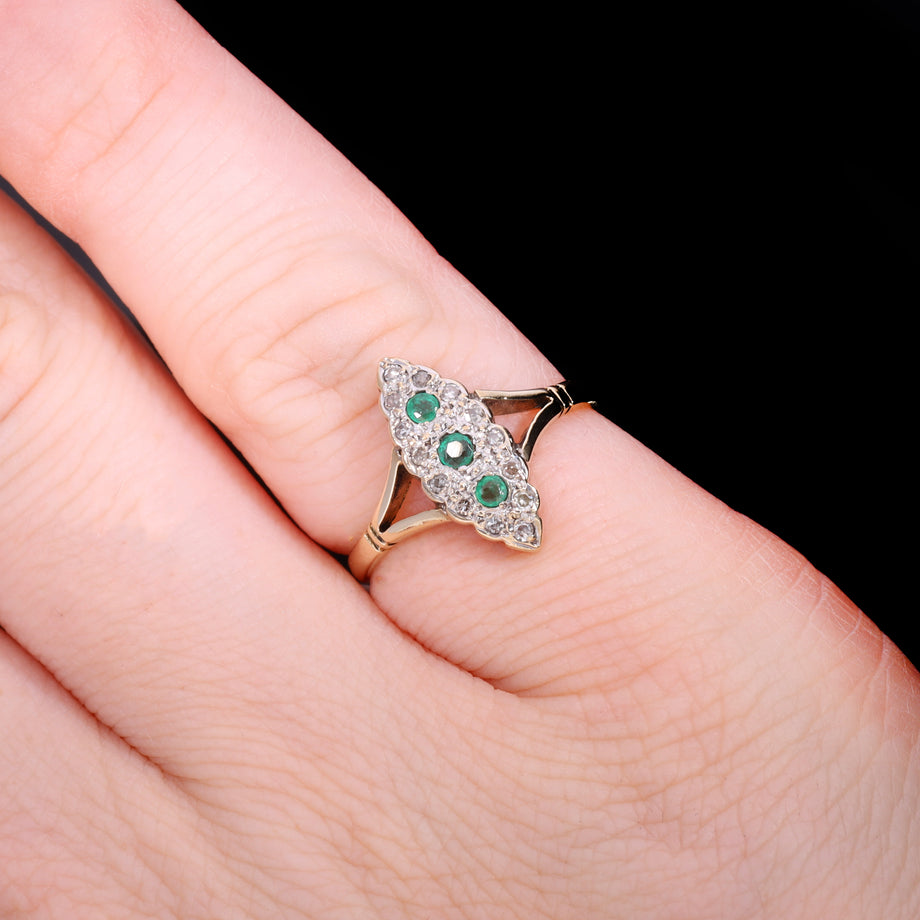 The Vintage 1990 Emerald And Diamond Navette Ring