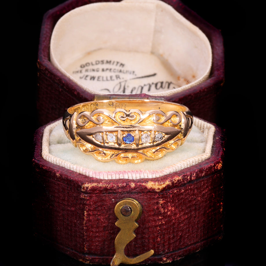 The Antique Edwardian 1909 Sapphire And Diamond Scrollwork Ring