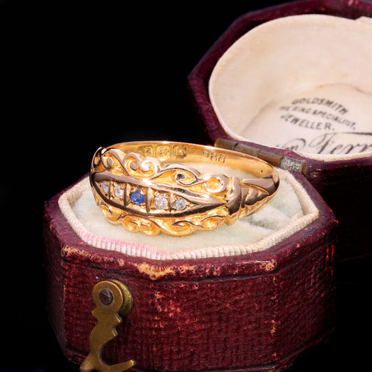 The Antique Edwardian 1909 Sapphire And Diamond Scrollwork Ring