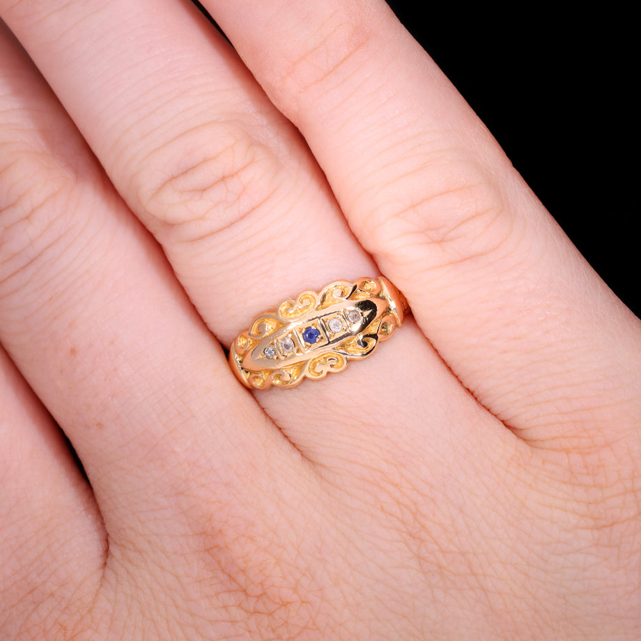 The Antique Edwardian 1909 Sapphire And Diamond Scrollwork Ring