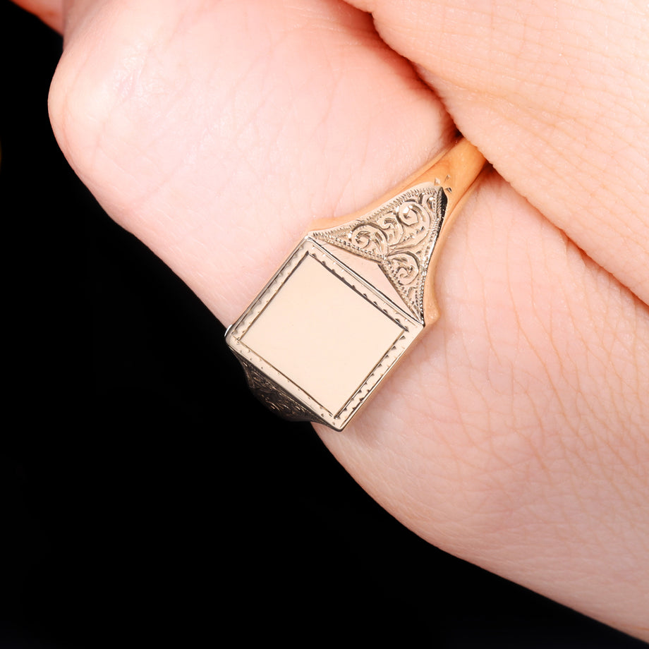 The Vintage 1952 9ct Gold Square Foliate Shoulder Signet Ring
