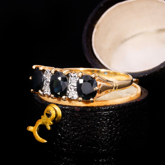 The Vintage 1979 Three Cushion Cut Sapphire And Diamond Ring