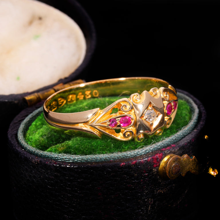 The Antique Edwardian 1901 Diamond And Ruby Scroll Ring