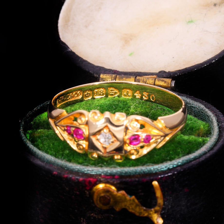 The Antique Edwardian 1901 Diamond And Ruby Scroll Ring