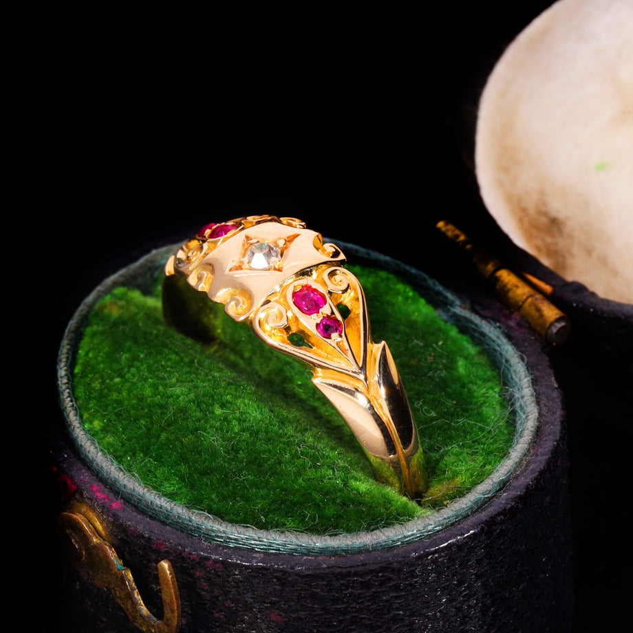 The Antique Edwardian 1901 Diamond And Ruby Scroll Ring