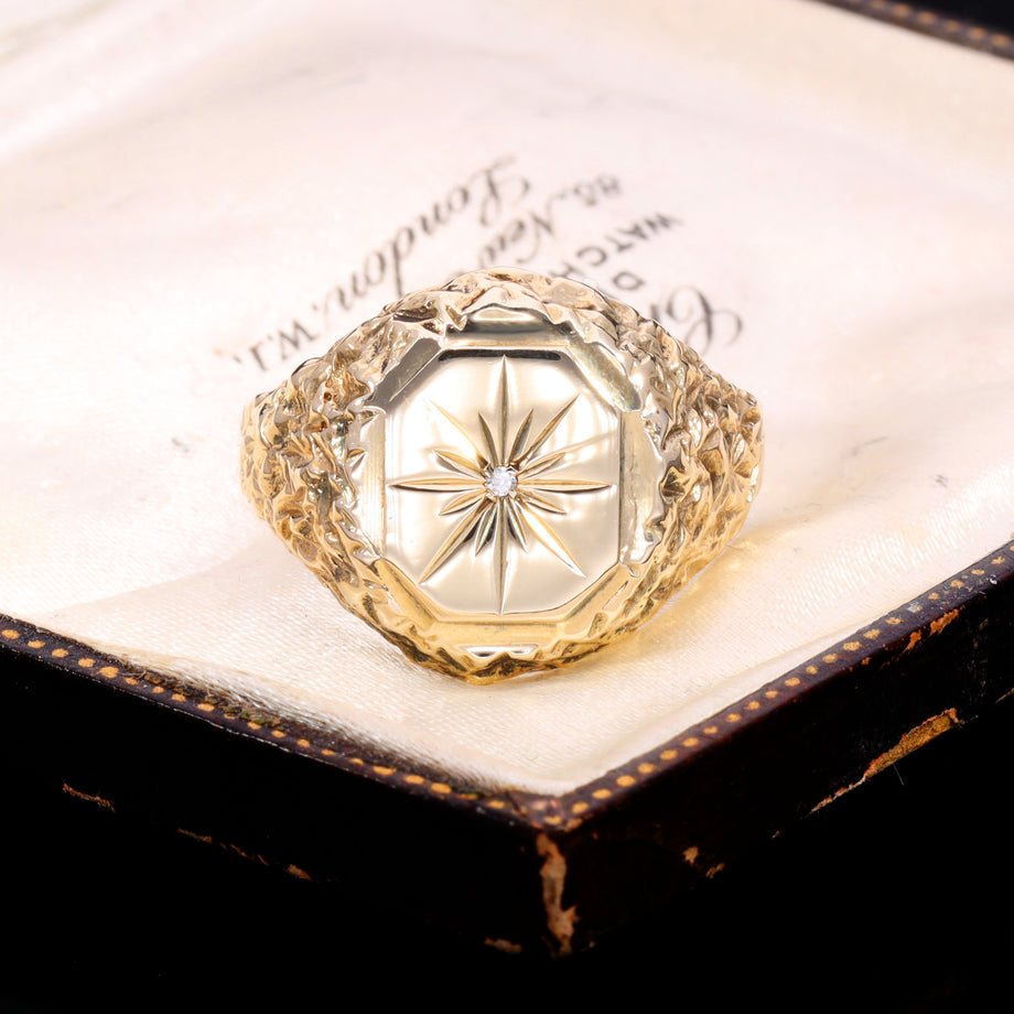 The Vintage 9ct Gold Celestial Diamond Textured Signet Ring
