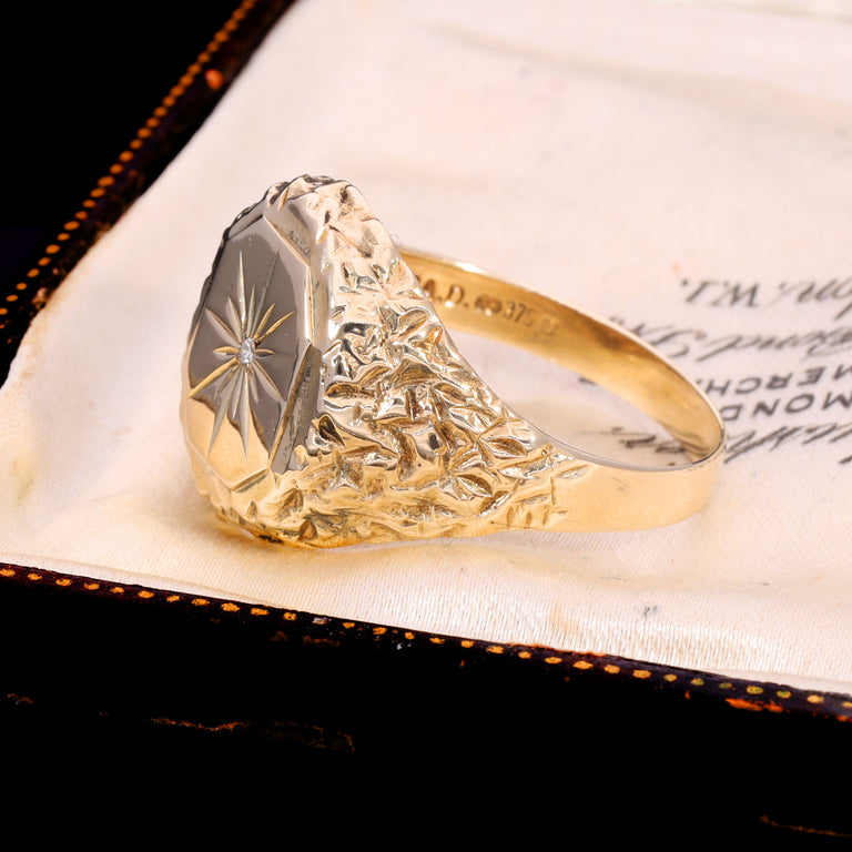 The Vintage 9ct Gold Celestial Diamond Textured Signet Ring