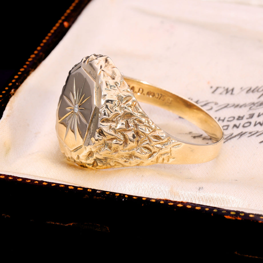 The Vintage 9ct Gold Celestial Diamond Textured Signet Ring
