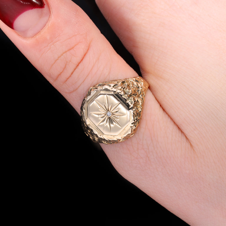The Vintage 9ct Gold Celestial Diamond Textured Signet Ring