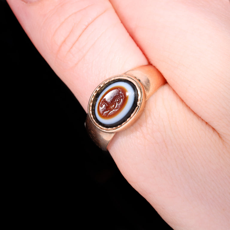 The Ancient Roman Bullseye Agate Hippocampus Intaglio Signet Ring