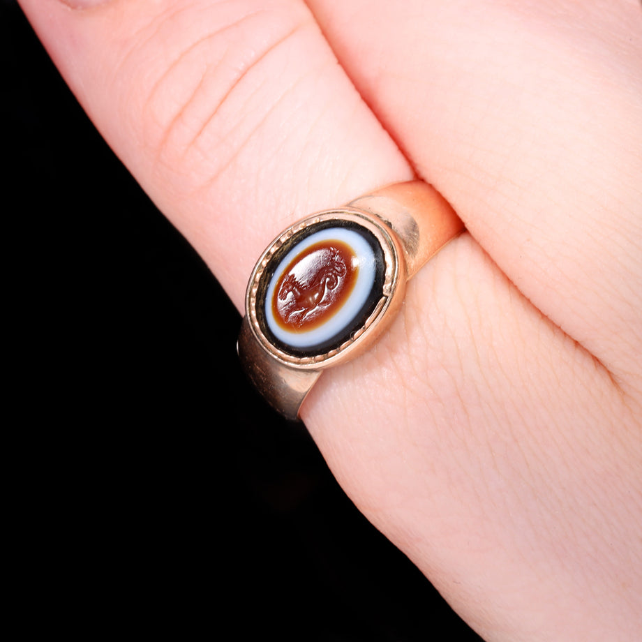 The Ancient Roman Bullseye Agate Hippocampus Intaglio Signet Ring