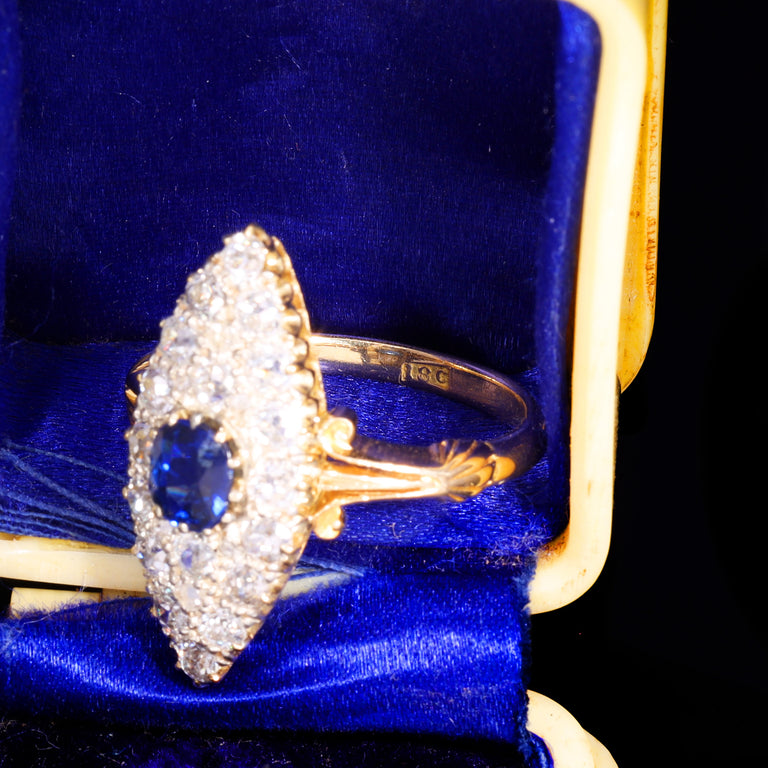 The Antique Victorian Sapphire And Old Cut Diamond Navette Ring