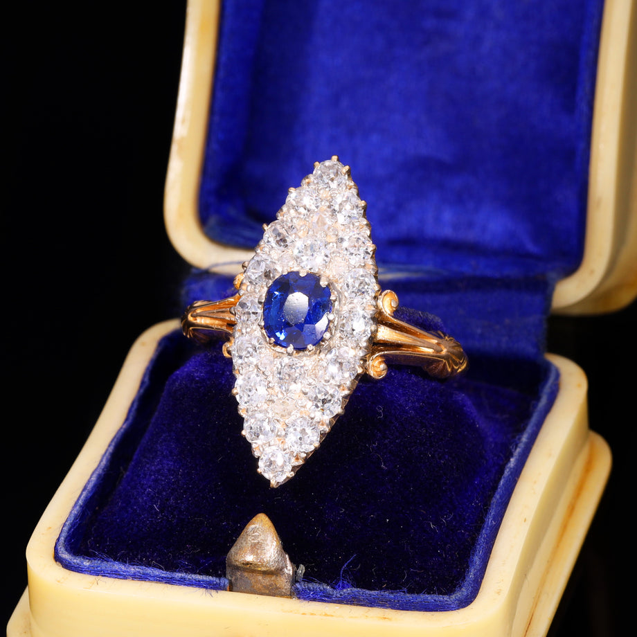 The Antique Victorian Sapphire And Old Cut Diamond Navette Ring