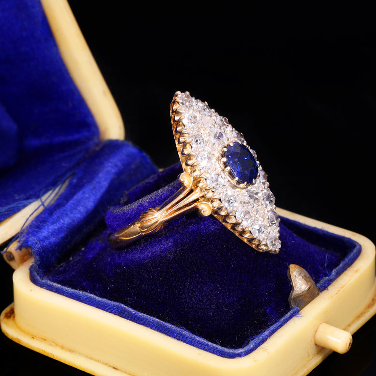 The Antique Victorian Sapphire And Old Cut Diamond Navette Ring