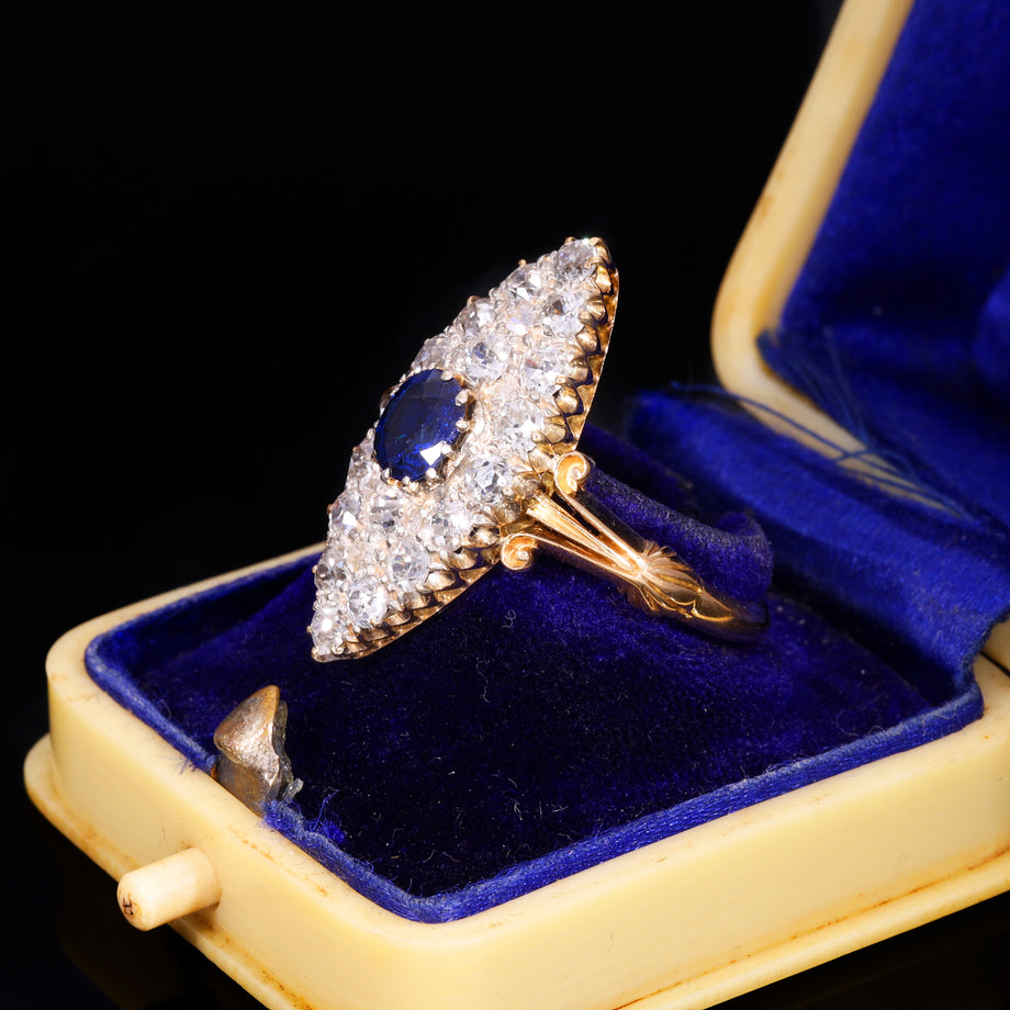 The Antique Victorian Sapphire And Old Cut Diamond Navette Ring