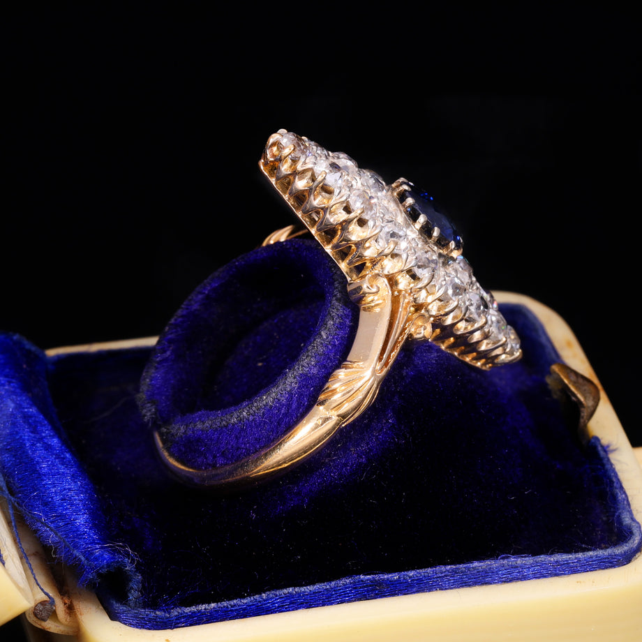 The Antique Victorian Sapphire And Old Cut Diamond Navette Ring