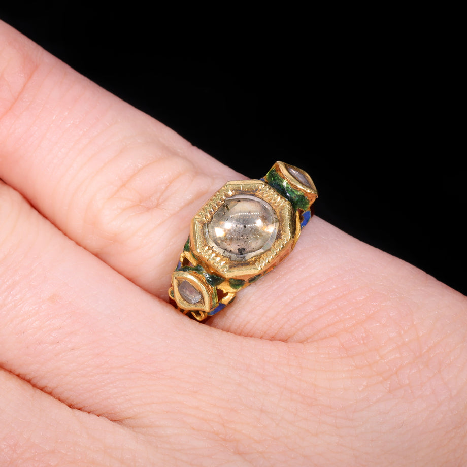 The Antique 19th Century Northern Indian Mughal Diamond And Enamel Meenakari Ring