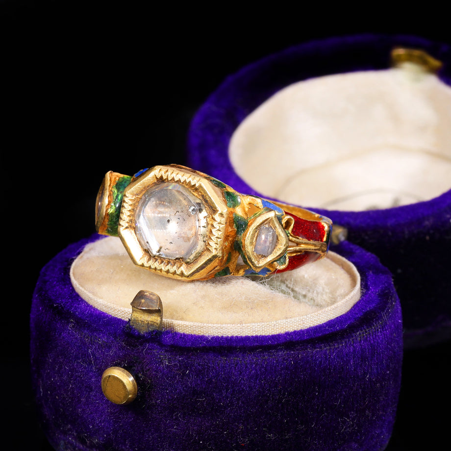 The Antique 19th Century Northern Indian Mughal Diamond And Enamel Meenakari Ring