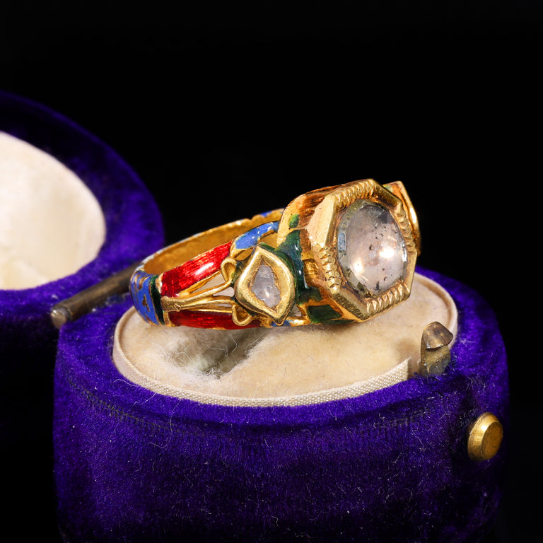 The Antique 19th Century Northern Indian Mughal Diamond And Enamel Meenakari Ring