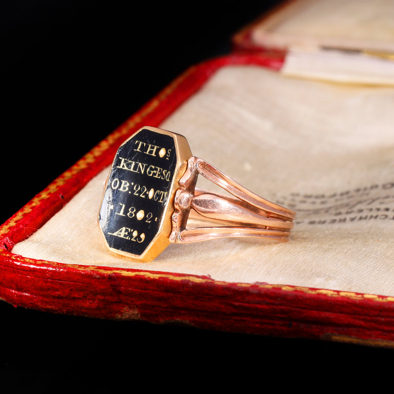 The Antique Georgian 1802 Swivel Brunette Hairwork Enamel Mourning Ring