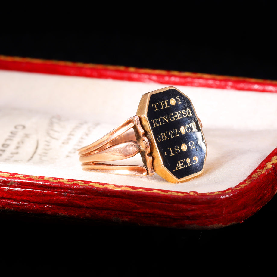 The Antique Georgian 1802 Swivel Brunette Hairwork Enamel Mourning Ring