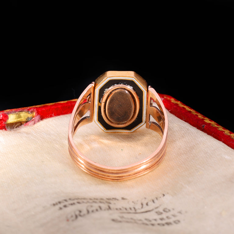 The Antique Georgian 1802 Swivel Brunette Hairwork Enamel Mourning Ring