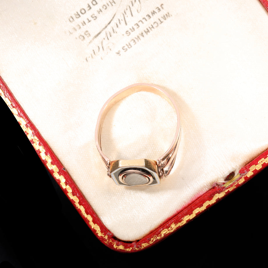 The Antique Georgian 1802 Swivel Brunette Hairwork Enamel Mourning Ring
