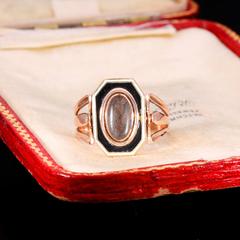 The Antique Georgian 1802 Swivel Brunette Hairwork Enamel Mourning Ring