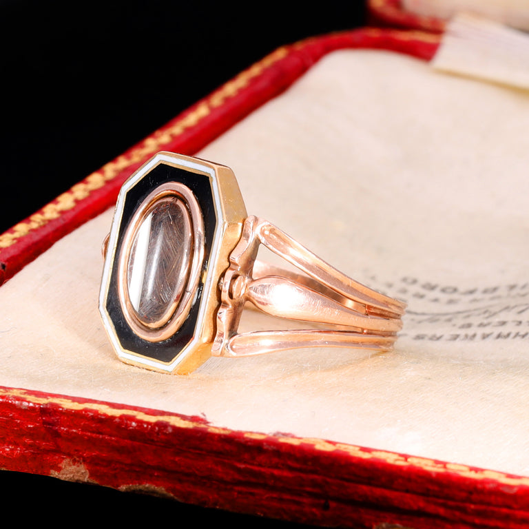 The Antique Georgian 1802 Swivel Brunette Hairwork Enamel Mourning Ring