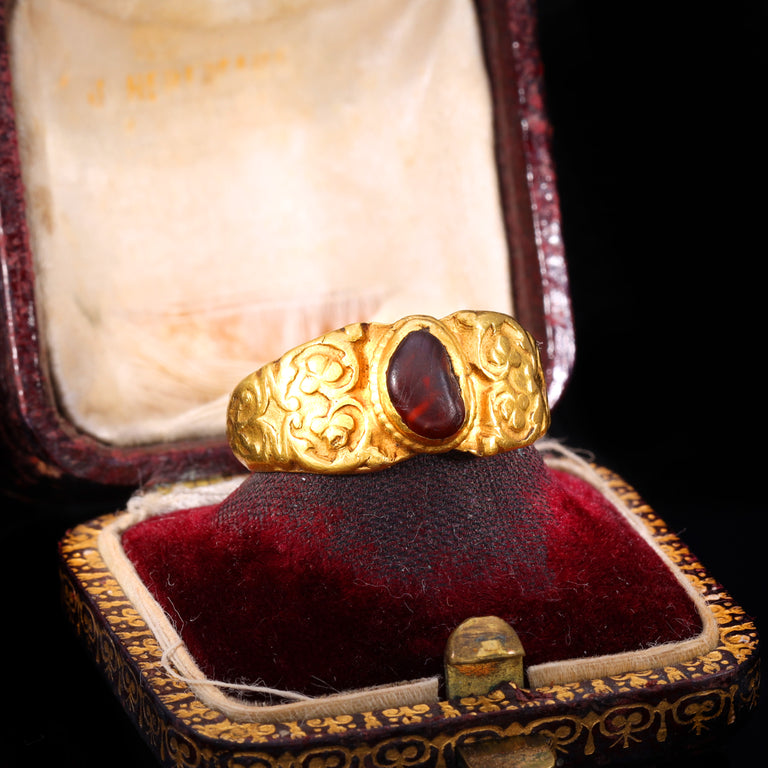 The Ancient Roman Garnet Cabochon Engraved Clover Ring