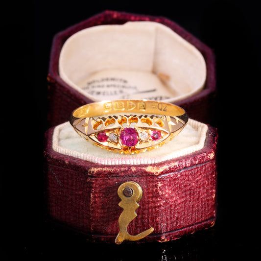The Antique 1904 Edwardian Ruby And Diamond Boat Ring