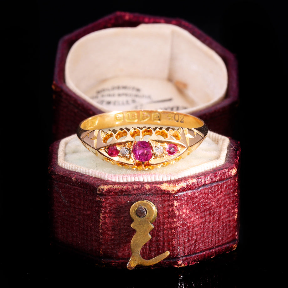 The Antique 1904 Edwardian Ruby And Diamond Boat Ring